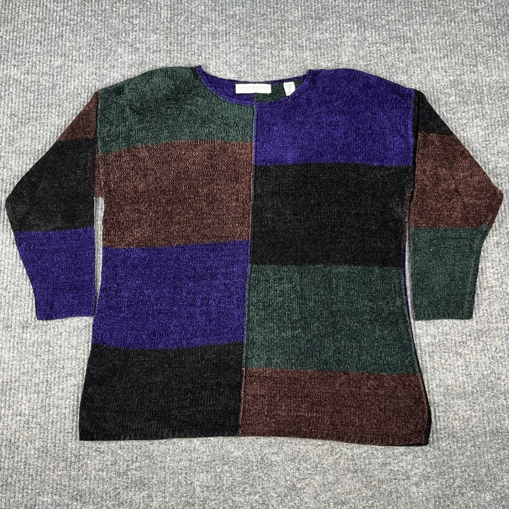 Vtg 90s Chenille Sweater Womens MP Colorblock Rayon Soft Oversized Granny Chic